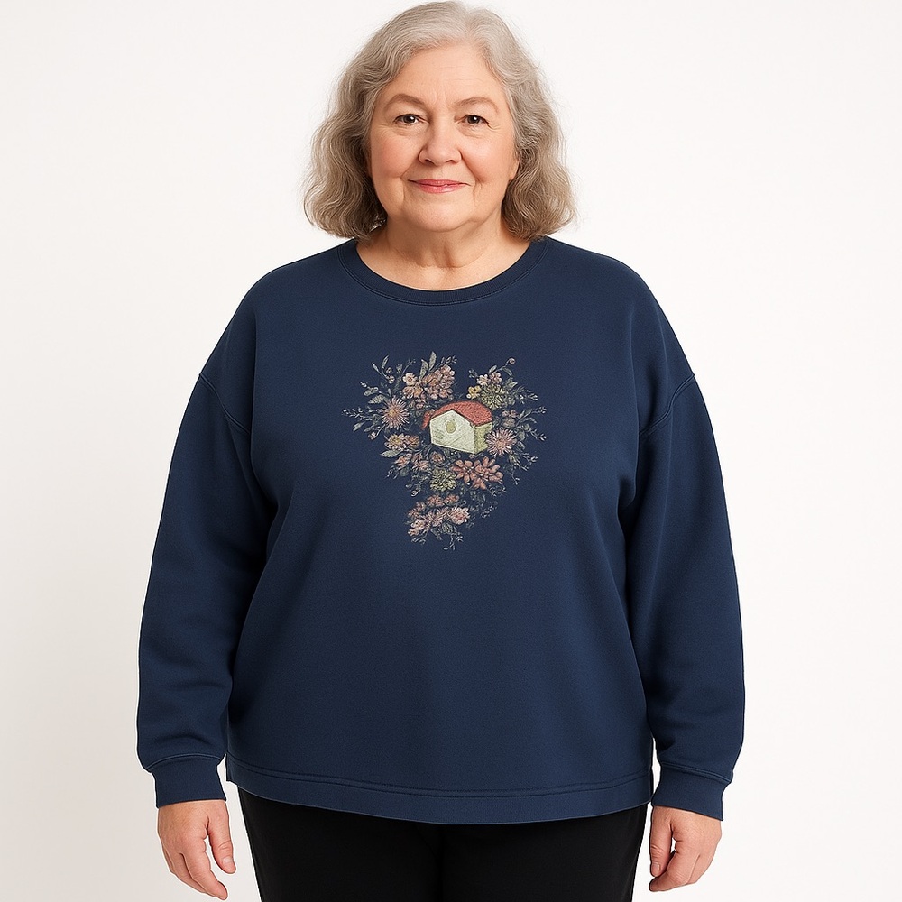 Northern Reflections  Grandma sweater XL Cottagecore birdhouse heavily flawed